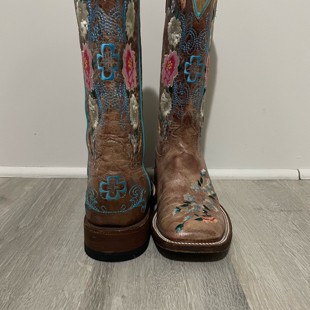 Macie Bean Brown and Blue Floral Embroidered Boots